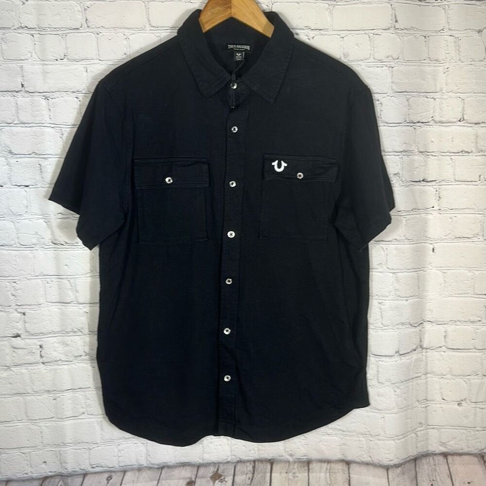 True Religion Polo Shirt Mens Medium Black Triple Needle Knit SS Short Sleeve